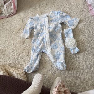 Little Me White and Blue Floral Footie